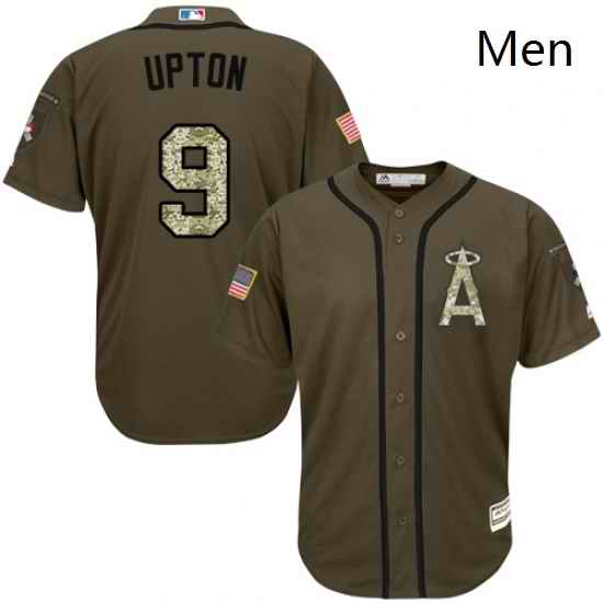 Mens Majestic Los Angeles Angels of Anaheim 9 Justin Upton Replica Green Salute to Service MLB Jersey